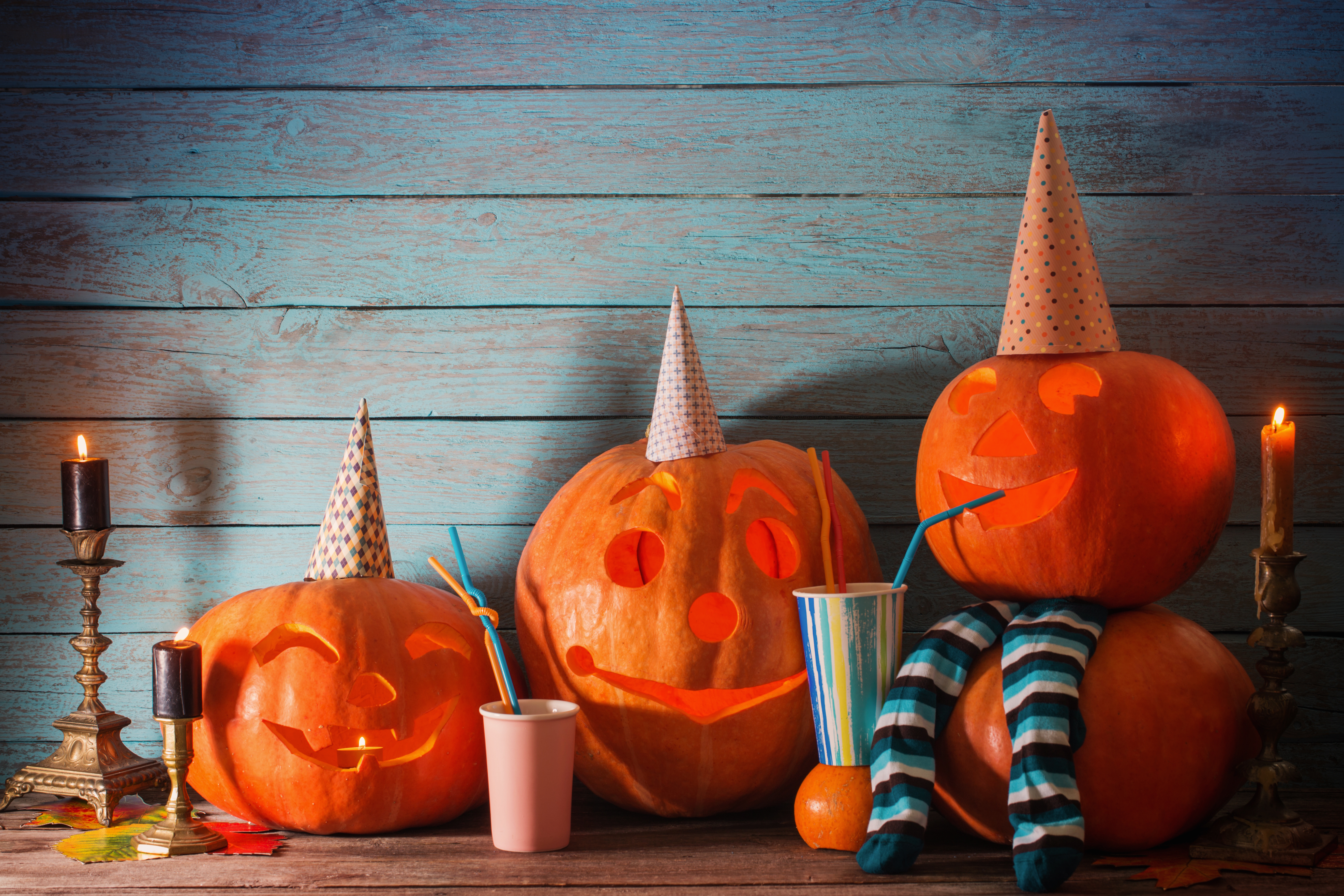 halloween pumpkin on blue wooden background